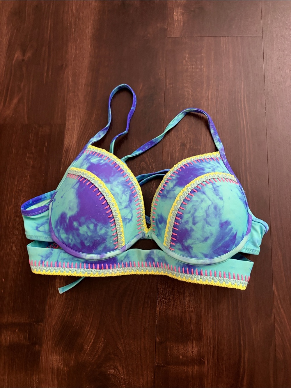 Shade & Shore Blue Tie-Dye Bikini Top with Yellow and Pink Trim